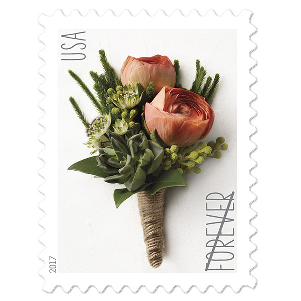 Contemporary Boutonniere Sheet of 20 USPS First Class Forever Postage Stamps Wedding Celebration, White